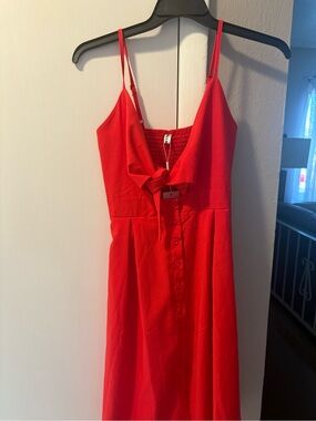 Wish Red Spaghetti-Strap Midi Dress with Front Tie